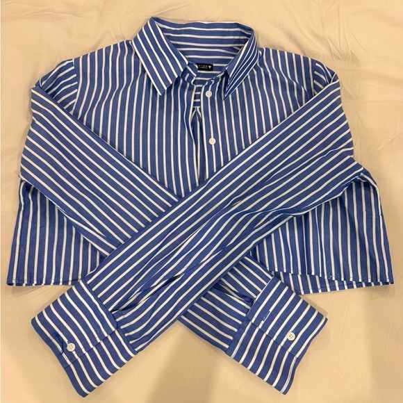 Zara Tops - Blue Striped Cropped Button Down